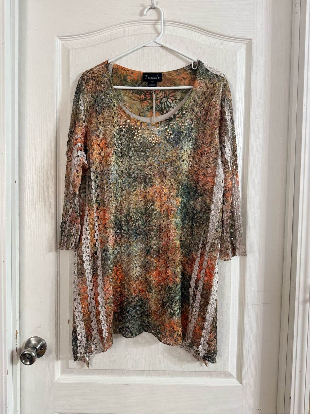 Frazzle Multicolored Y2K Tunic Dress Lace Trim Detail Sz XL. JN-115